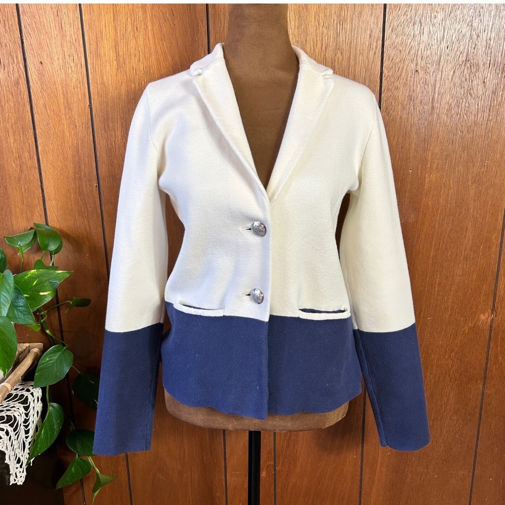 Banana Republic Colorblock Knit Blazer Cream Navy Button Front Women's Medium